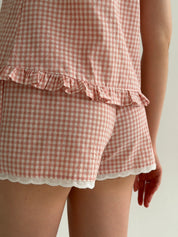 Suit cotton check T-shirt and shorts with ribbon powder/milk