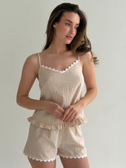 Suit cotton check T-shirt and shorts with ribbon beige/milk