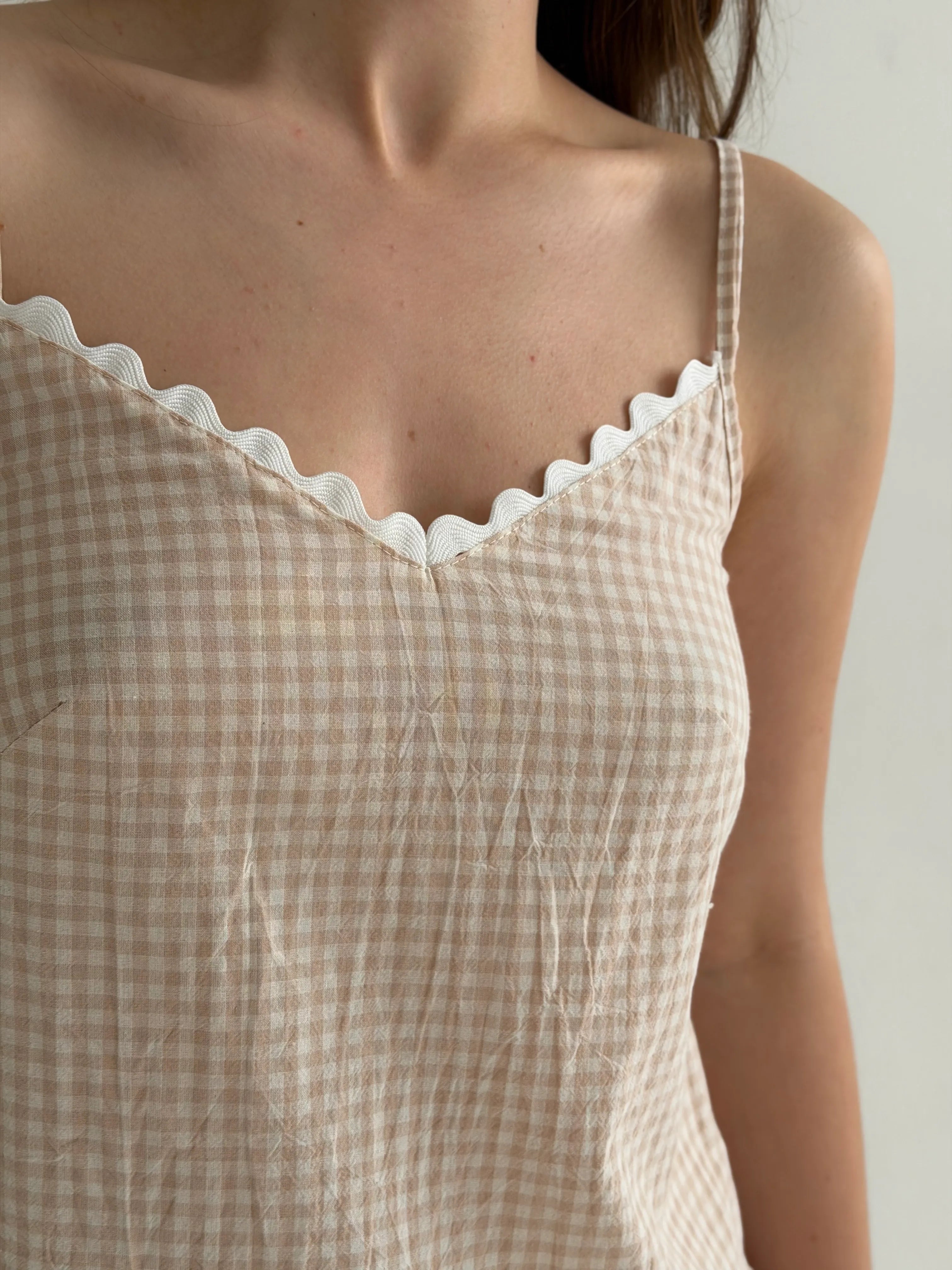 Suit cotton check T-shirt and shorts with ribbon beige/milk