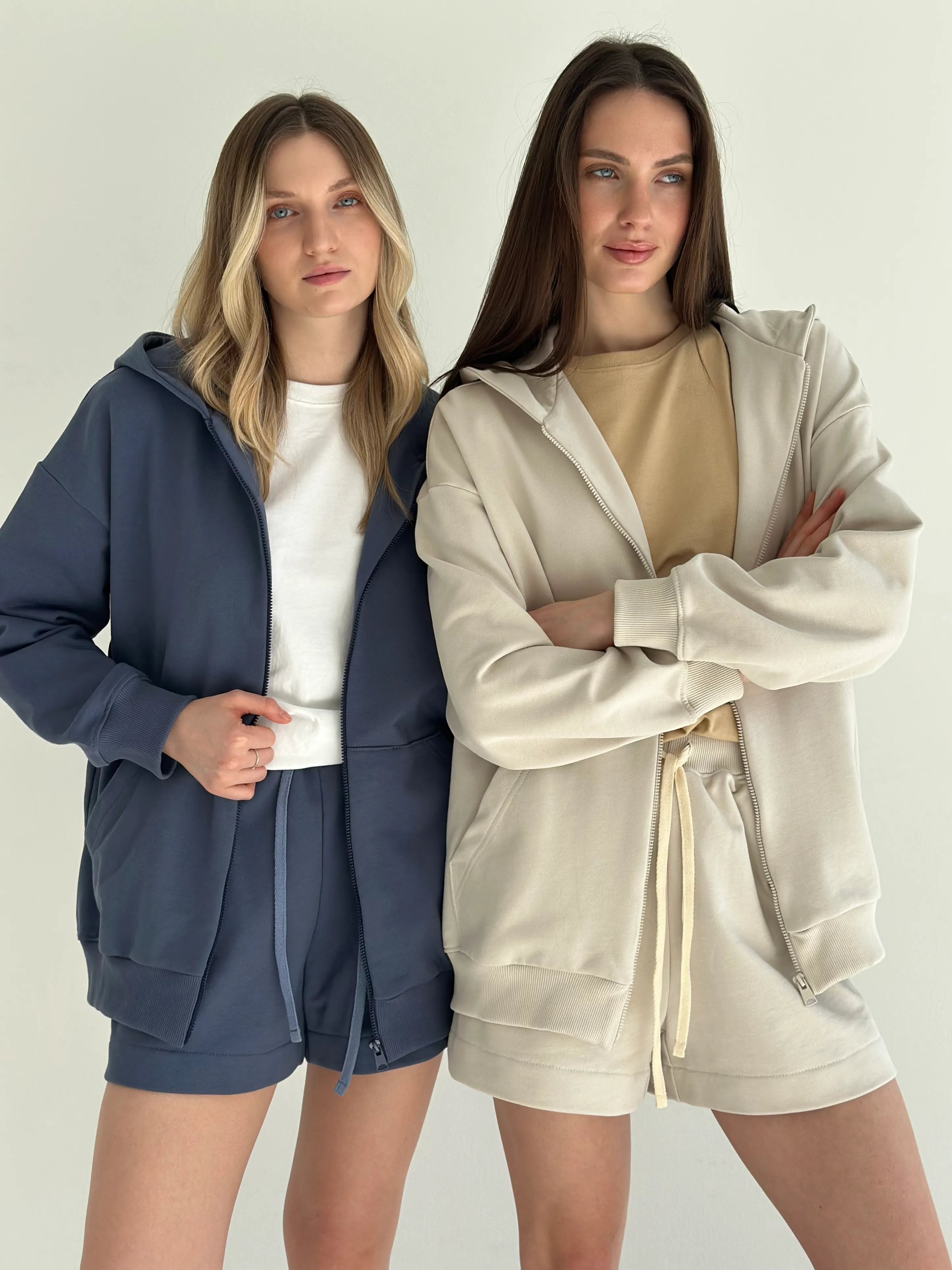Cotton Sweatshirt with a hood and a zipper, knitwear 3-ply, beige