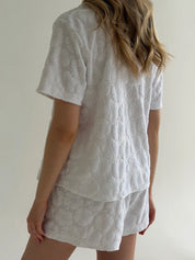 Short sleeve suit and shorts jacquard mehra flower white