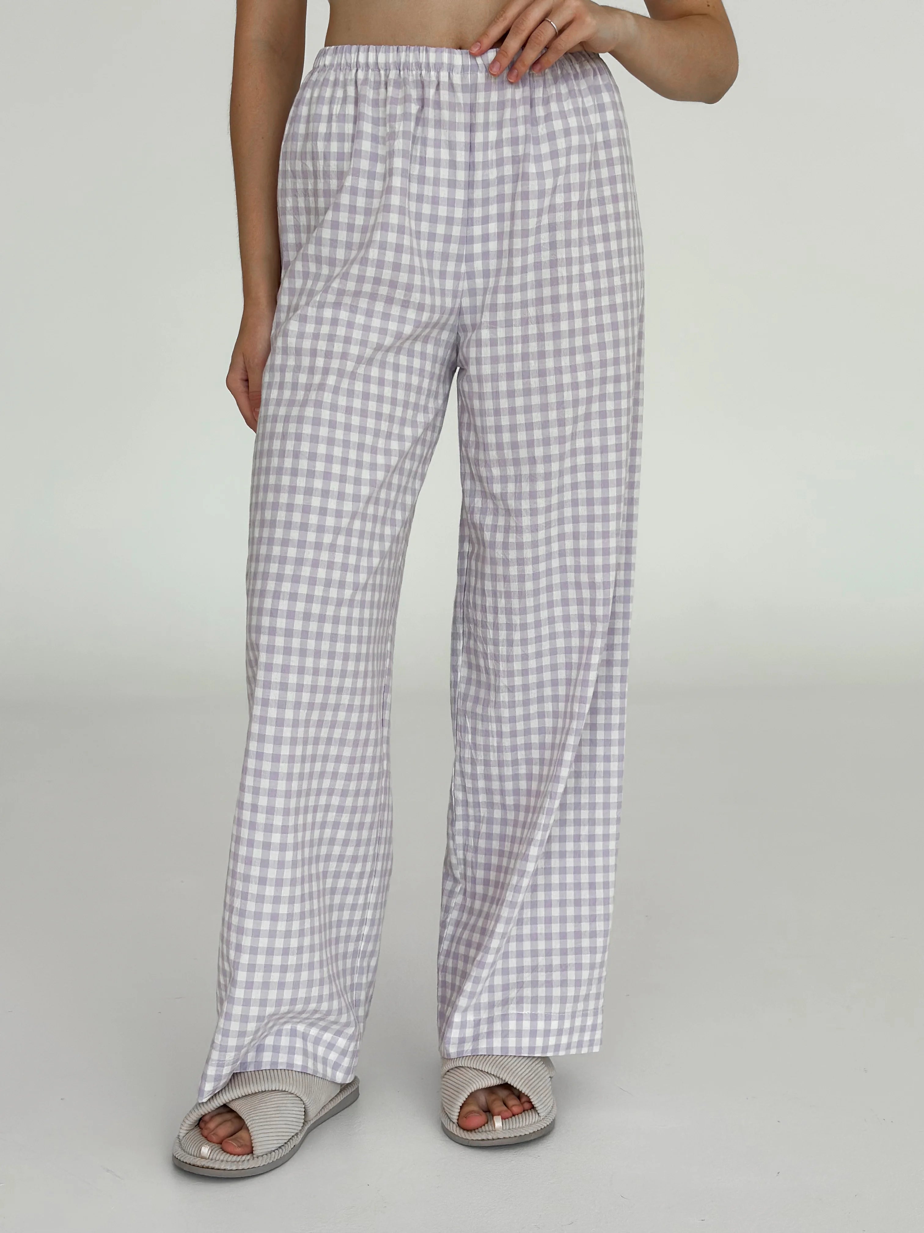 Pants Mono boiled cotton milk check on purple
