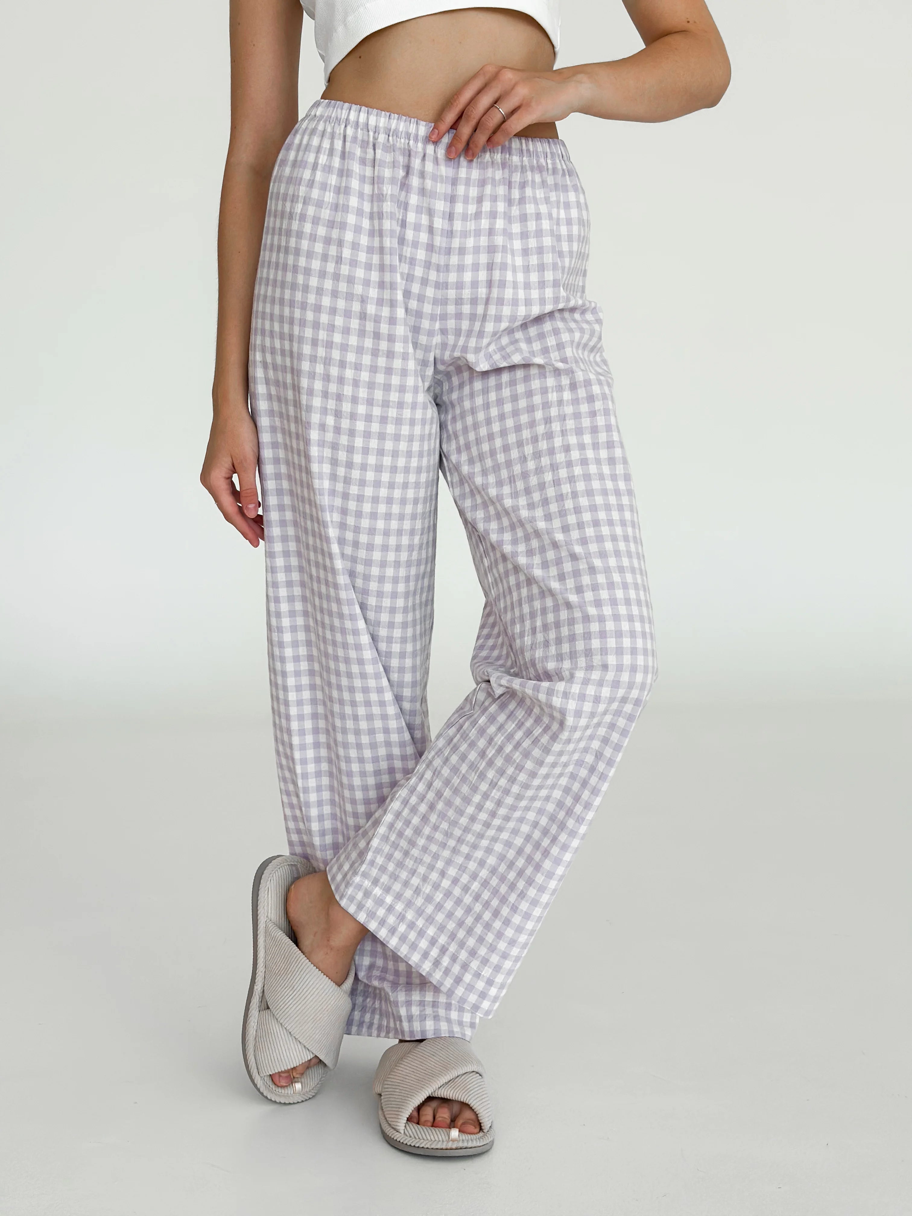 Pants Mono boiled cotton milk check on purple