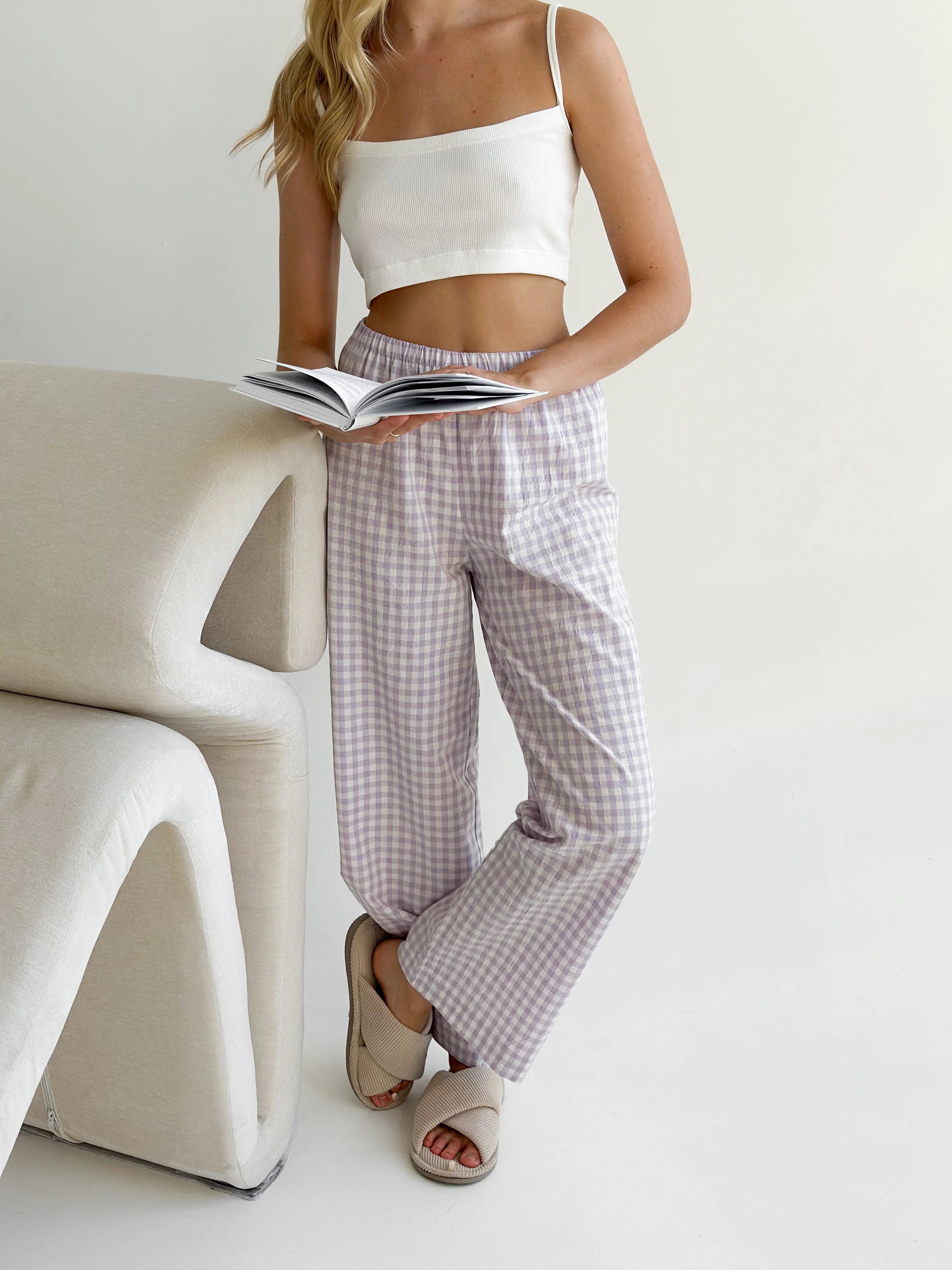 Pants Mono boiled cotton milk check on purple