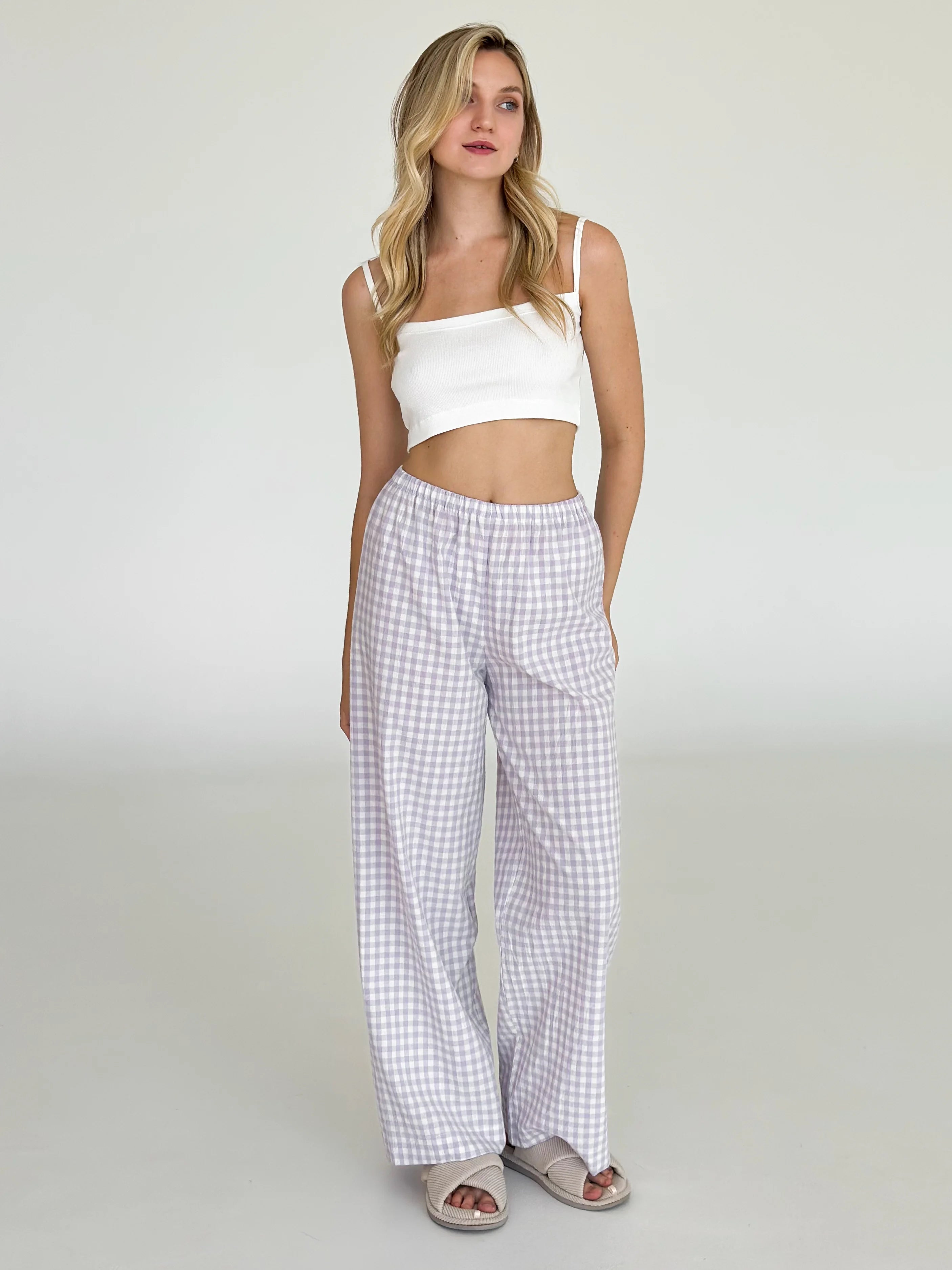 Pants Mono boiled cotton milk check on purple