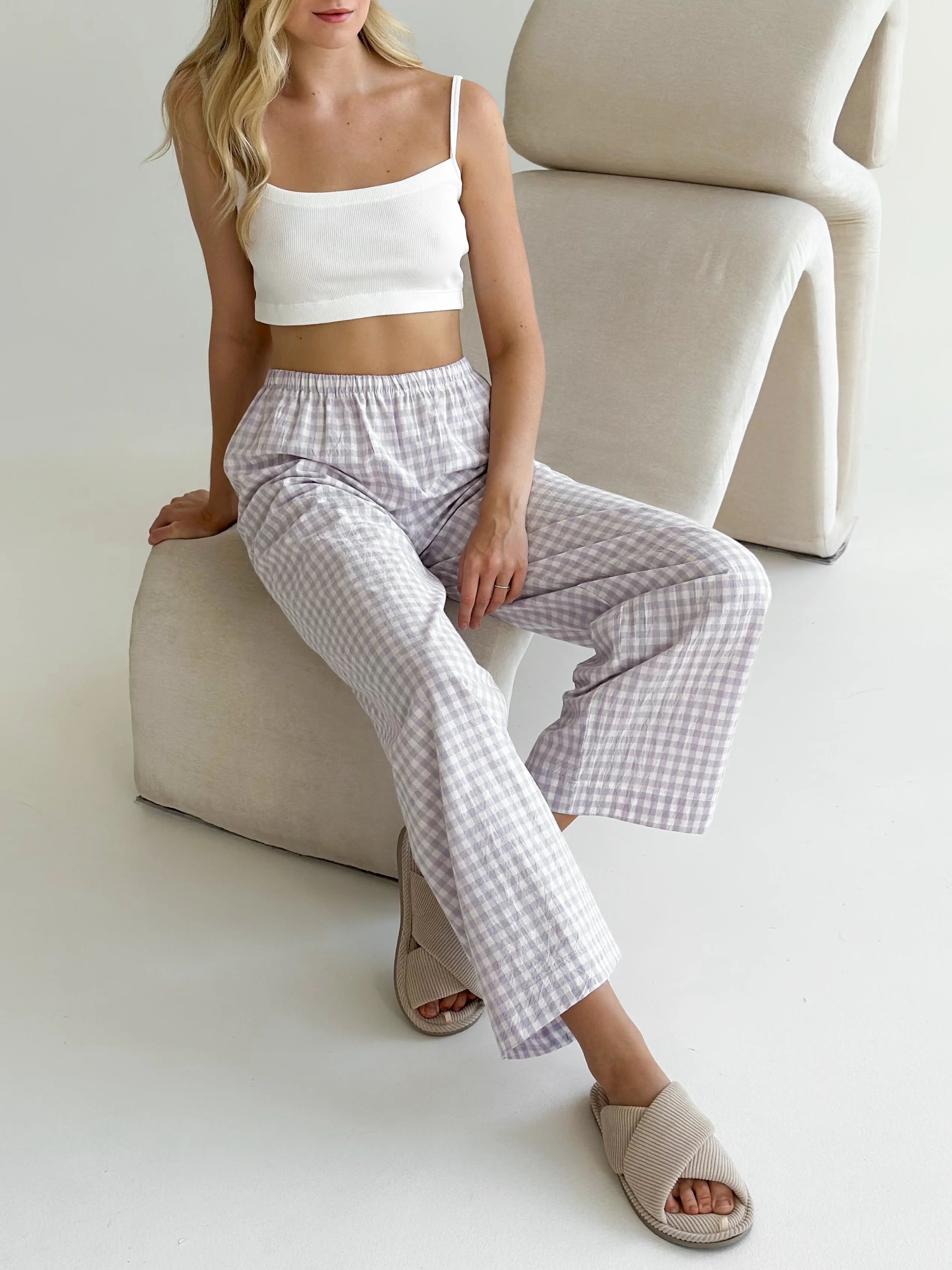 Pants Mono boiled cotton milk check on purple