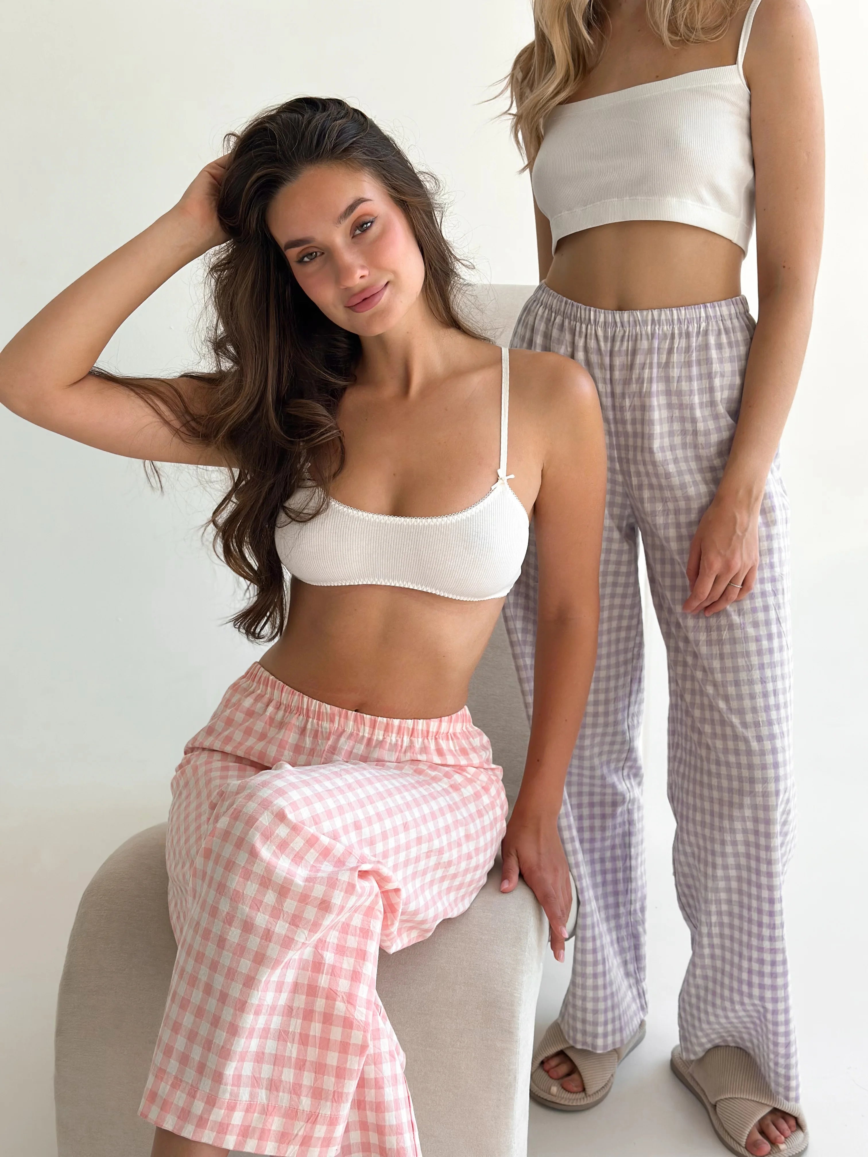 Pants Mono boiled cotton milk check on purple