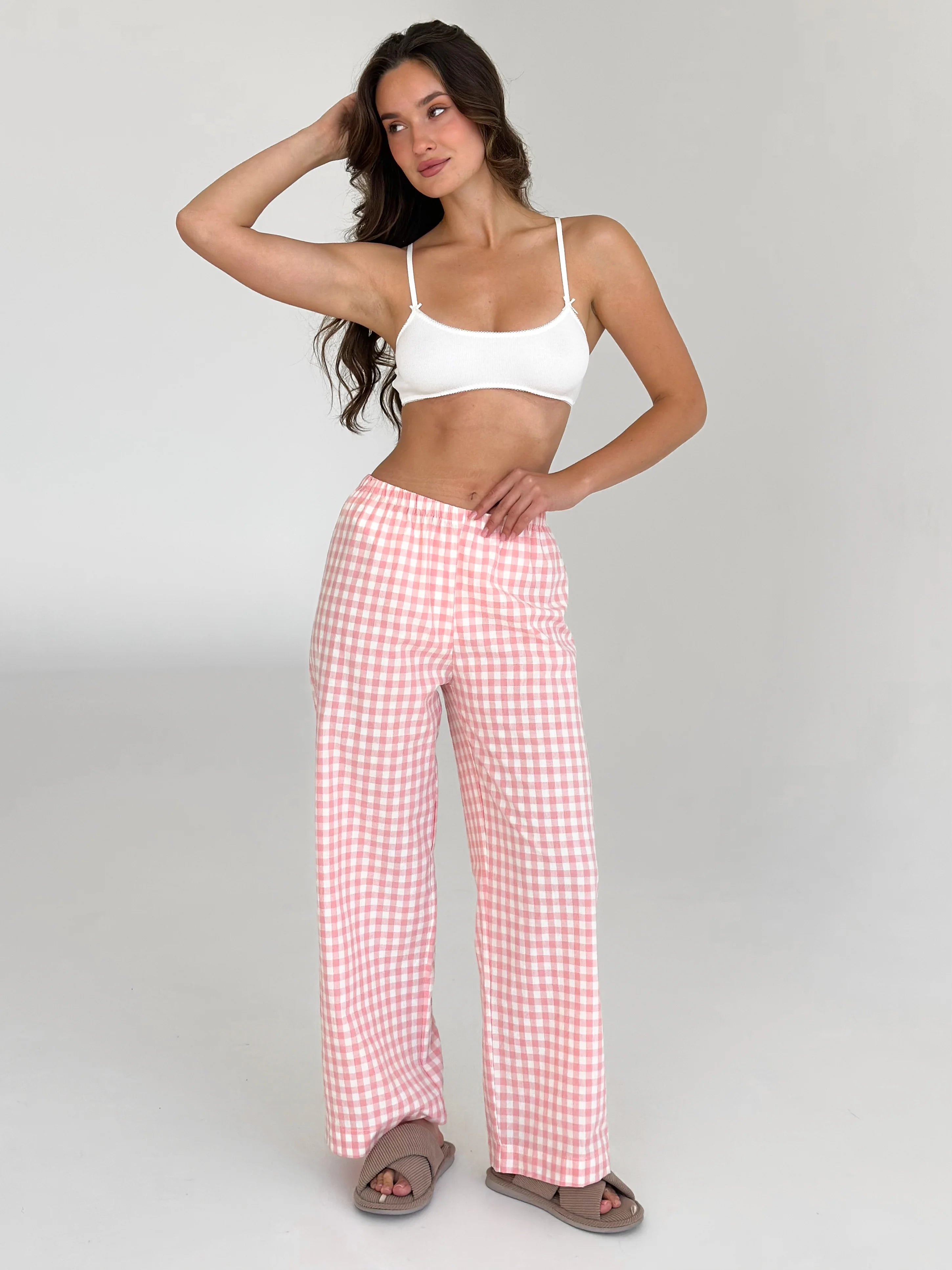 Pants Mono boiled cotton milk check on pink