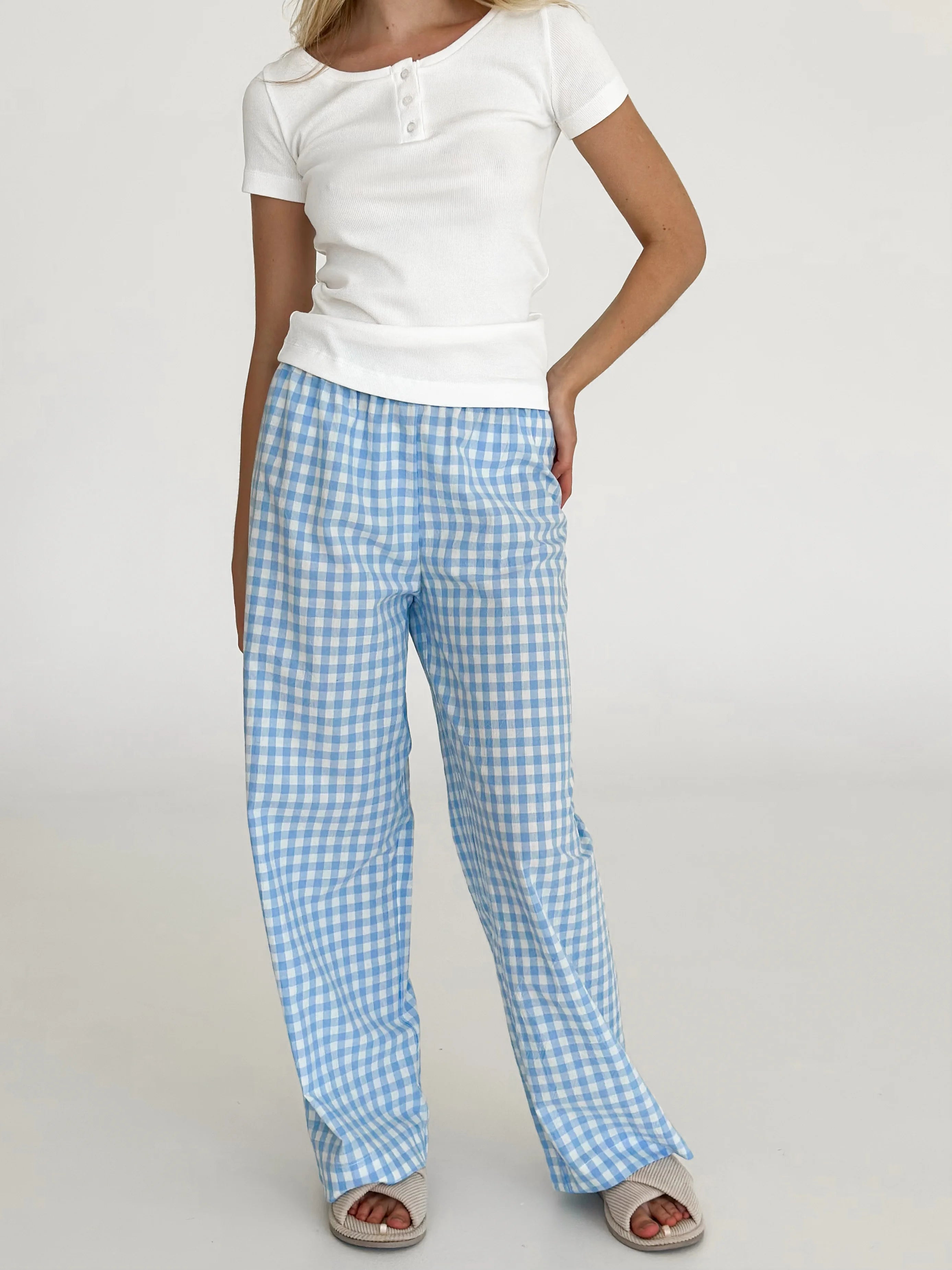 Pants Mono boiled cotton milk check on blue