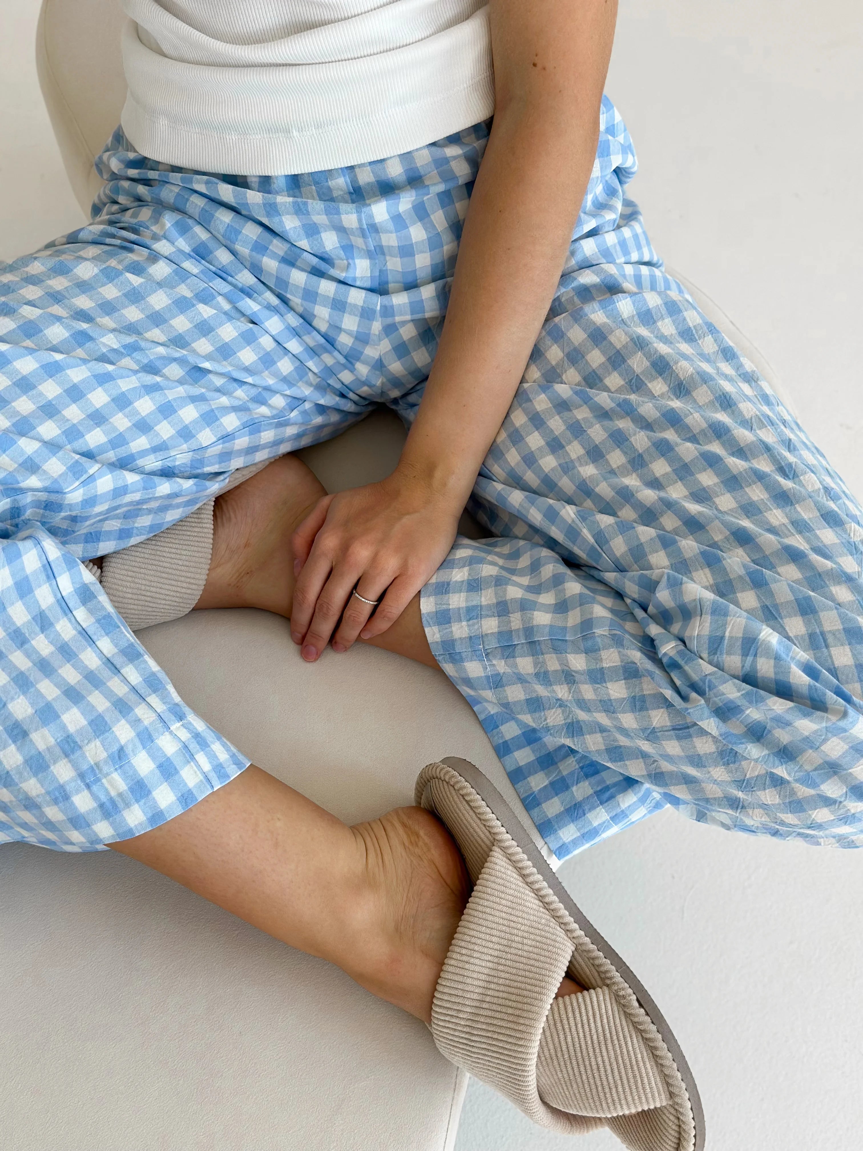 Pants Mono boiled cotton milk check on blue