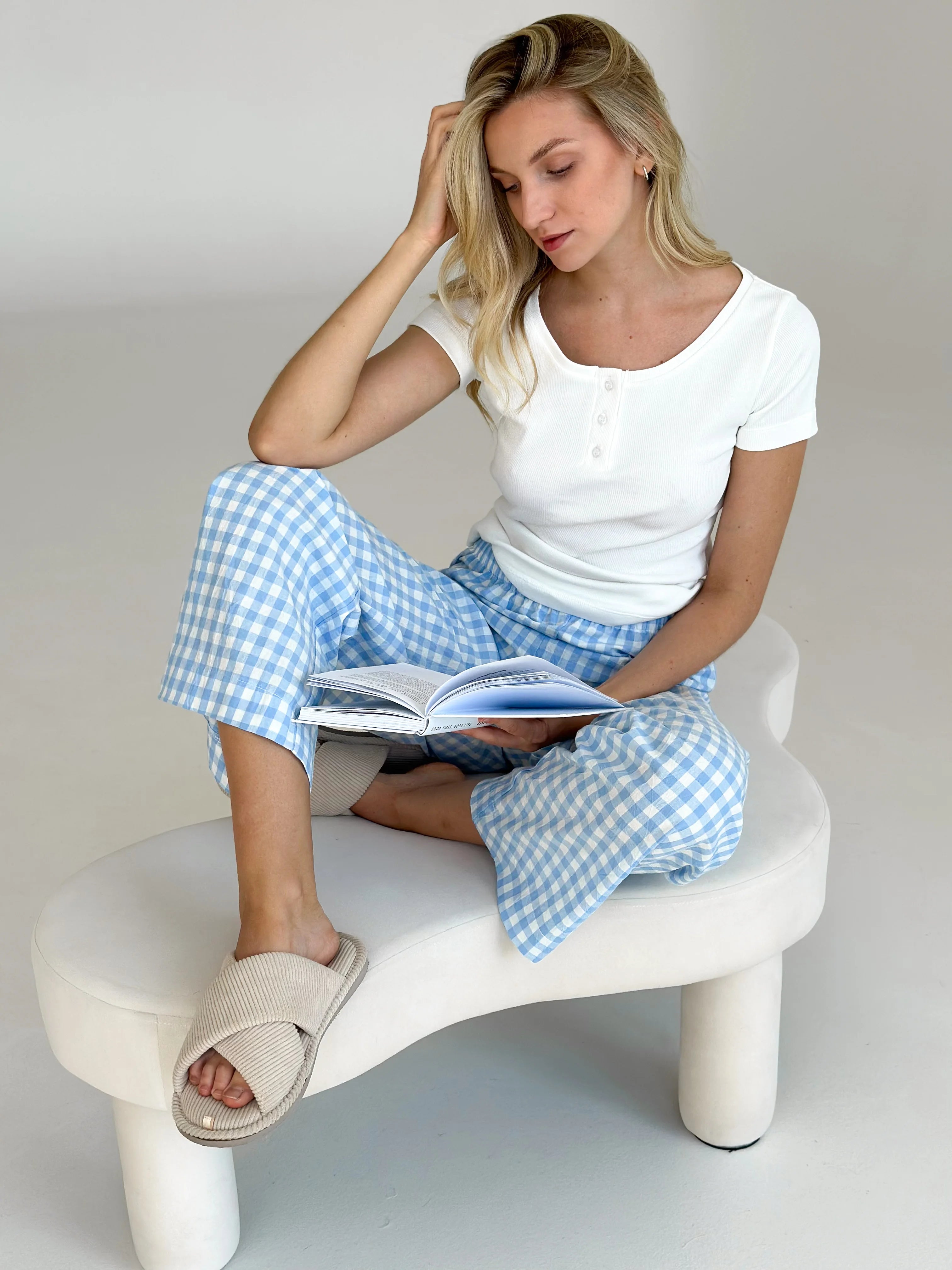 Pants Mono boiled cotton milk check on blue
