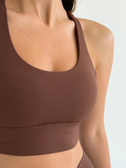 Yoga top with crisscross straps brown
