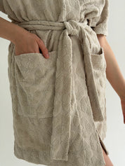 Short terry jacquard flower bathrobe beige