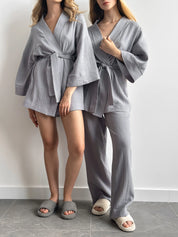 Muslin set 2-layer kimono+shorts gray