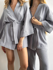 Muslin set 2-layer kimono+shorts gray