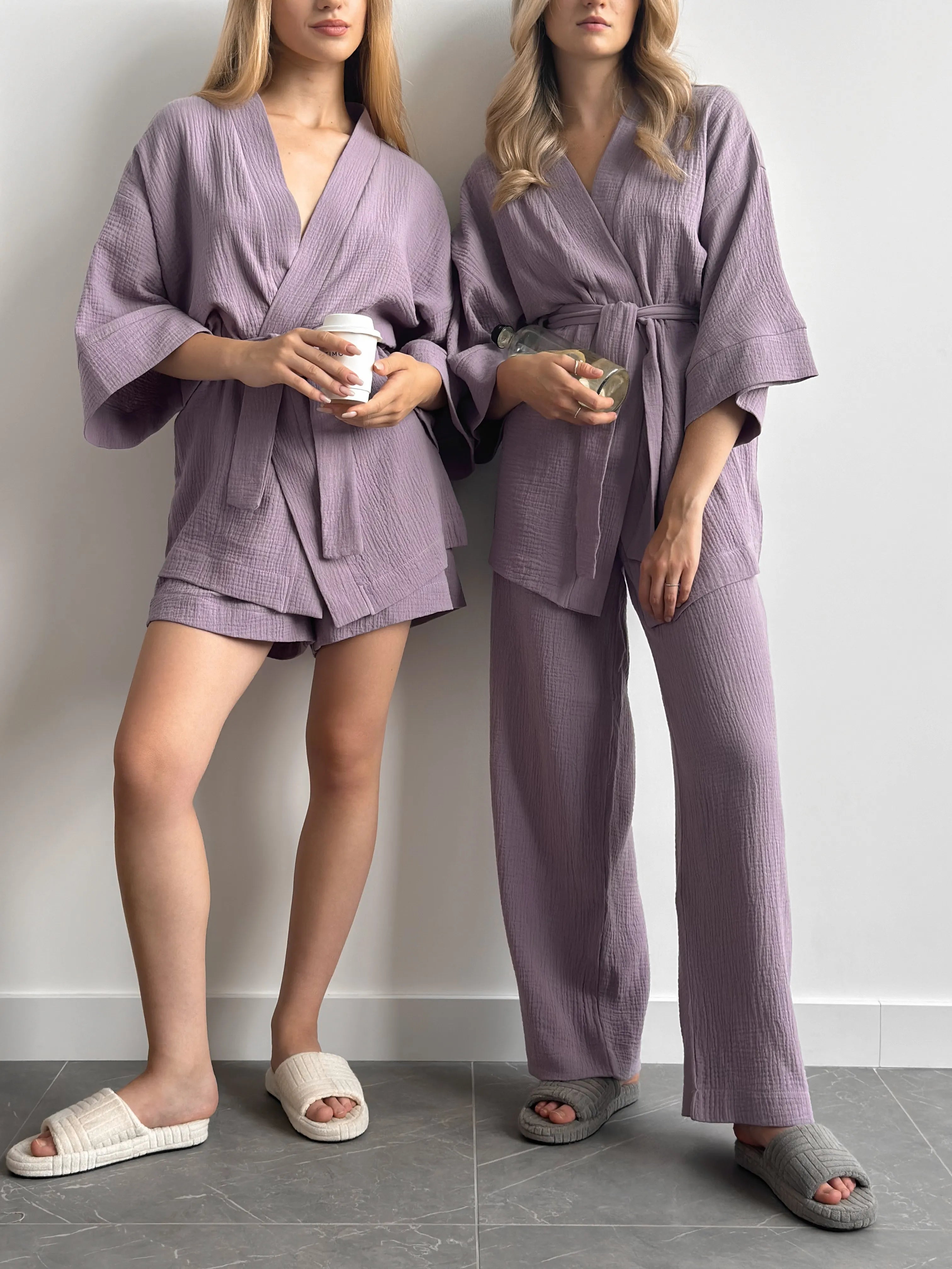 Muslin set 2-layer kimono+pants purple