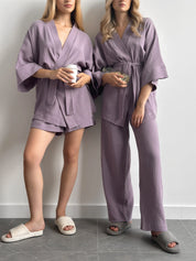 Muslin set 2-layer kimono+shorts purple