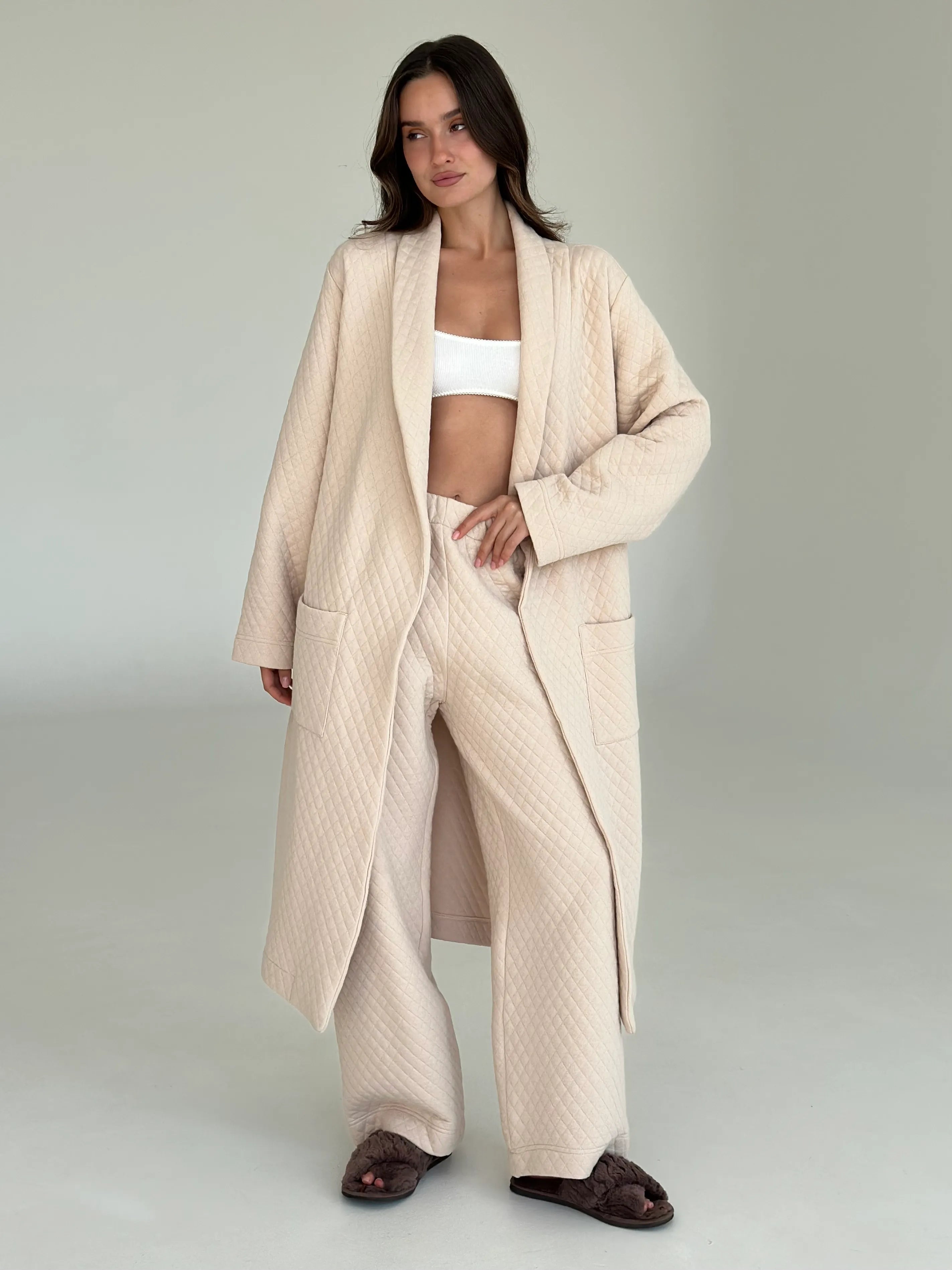 Beige quilted knit pants