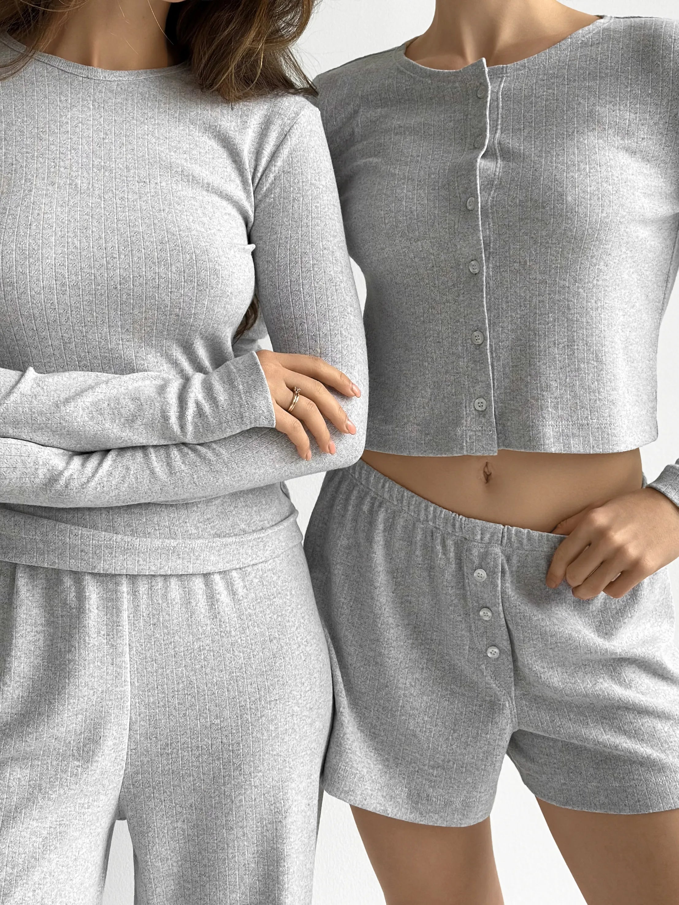 Ribana set of long sleeves (with button) and shorts (with a drawstring) gray