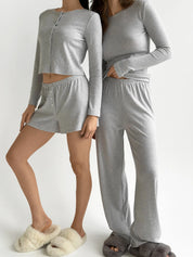 Ribbed knitted suit wide pants and longsleeves gray
