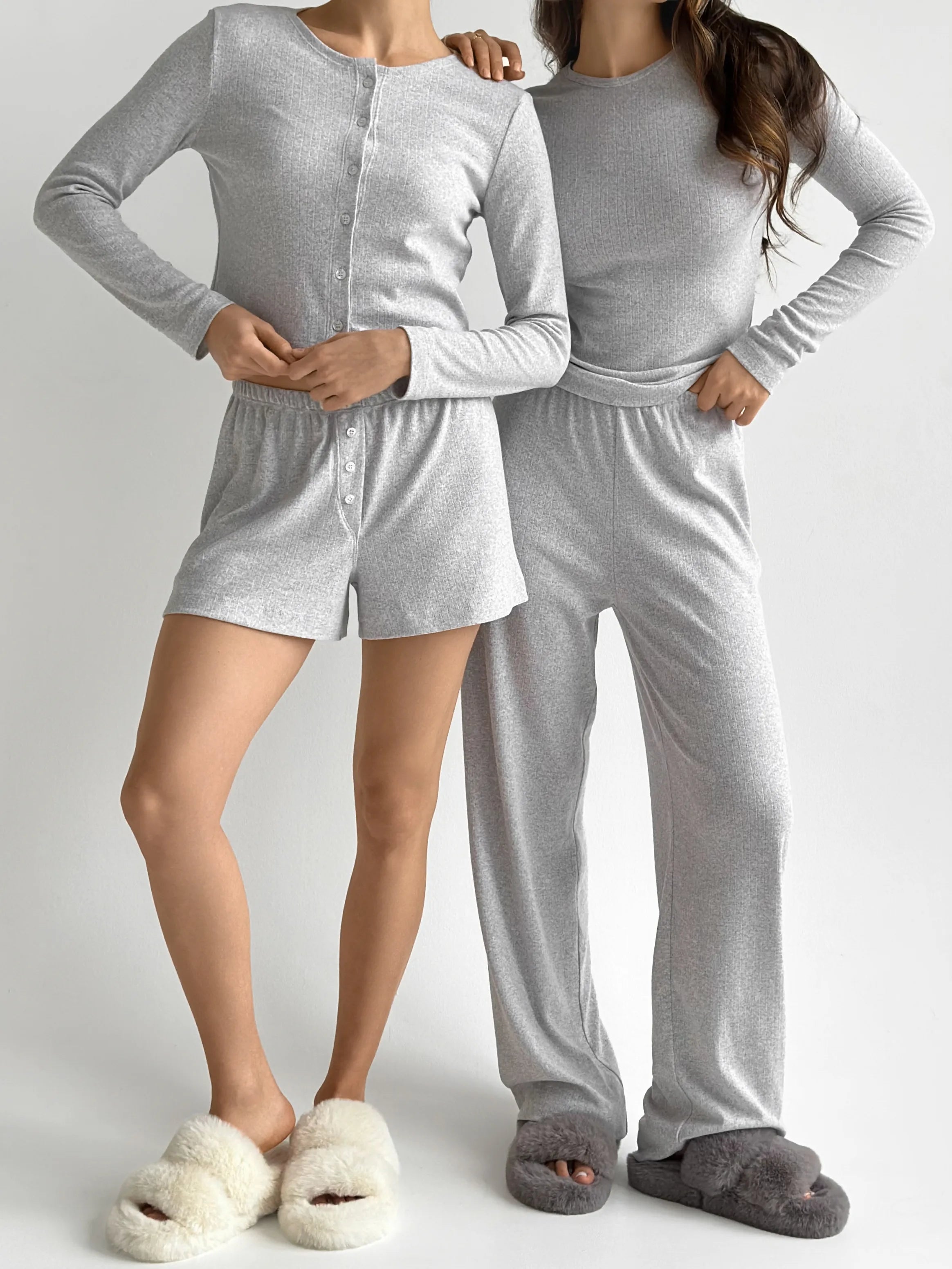 Ribana set of long sleeves (with button) and shorts (with a drawstring) gray