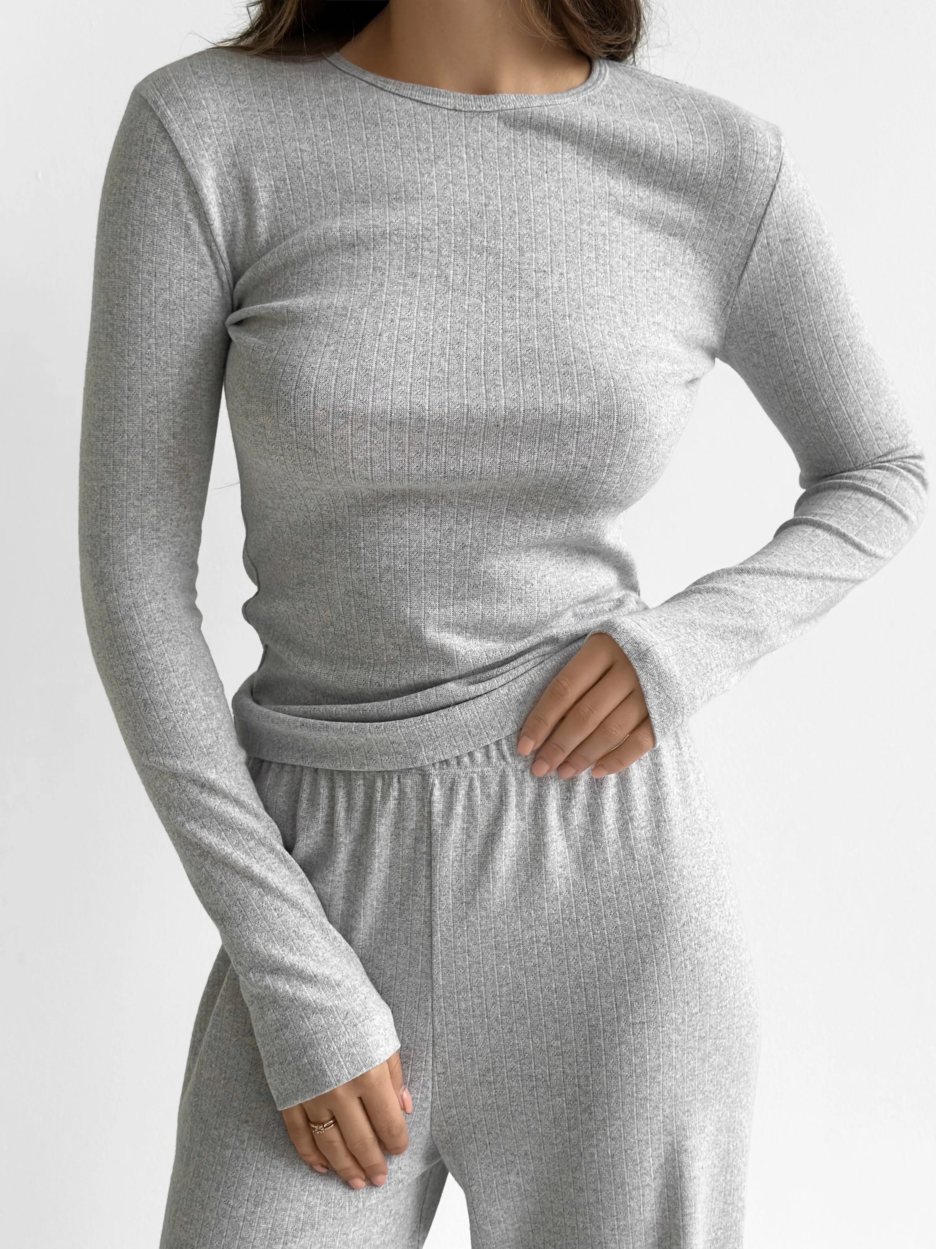 Ribbed knitted suit wide pants and longsleeves gray