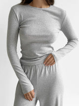 Ribbed knitted suit wide pants and longsleeves gray