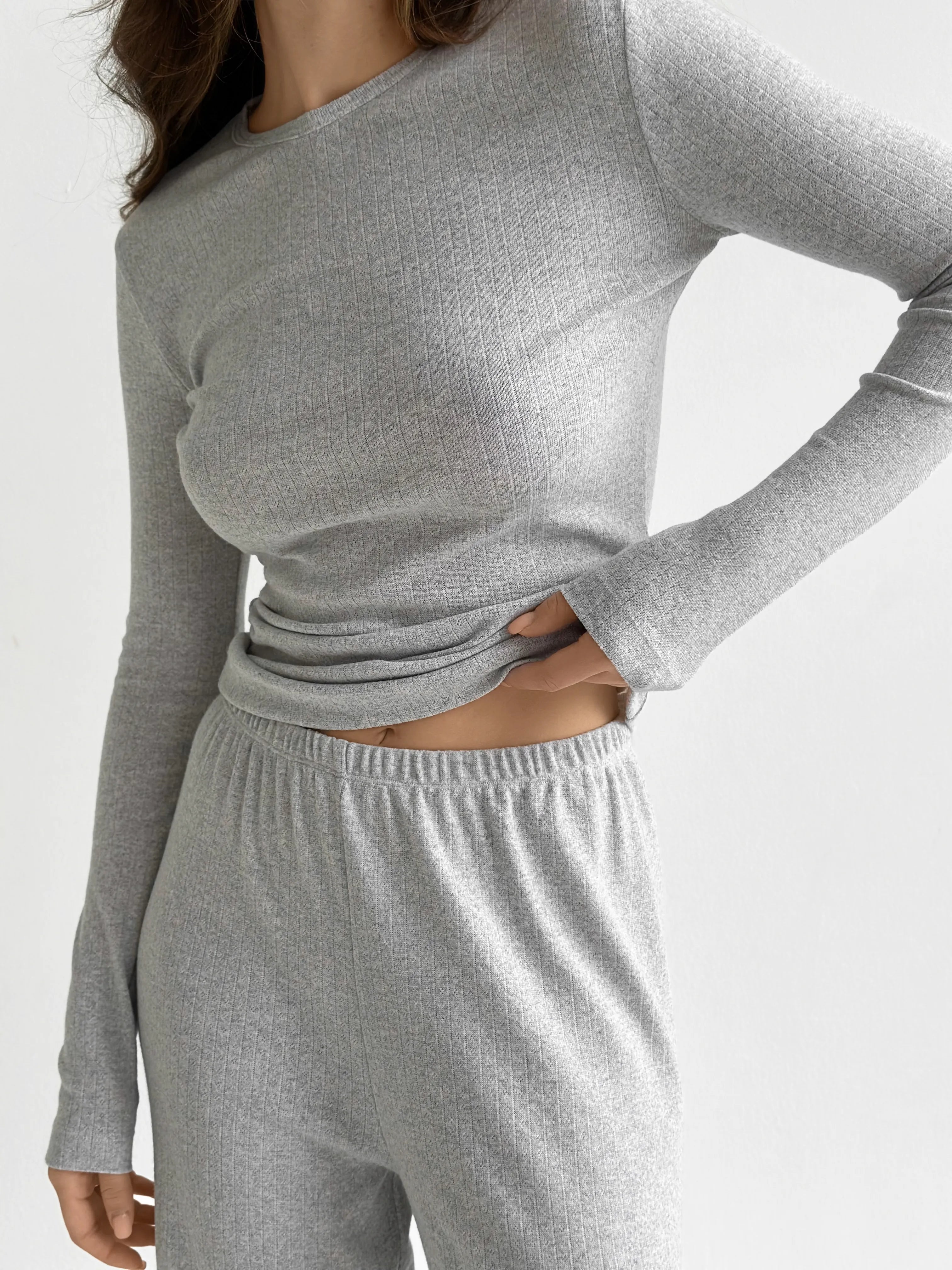 Ribbed knitted suit wide pants and longsleeves gray