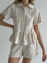 Peplum shirt and shorts suit, jacquard, flower, milky