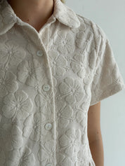 Peplum shirt and shorts suit, jacquard, flower, milky
