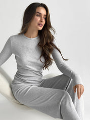 Ribbed knitted suit wide pants and longsleeves gray