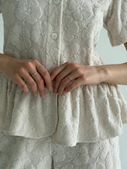 Peplum shirt and shorts suit, jacquard, flower, milky