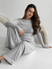 Ribbed knitted suit wide pants and longsleeves gray