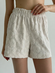 Peplum shirt and shorts suit, jacquard, flower, milky