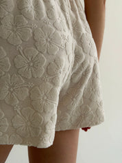 Peplum shirt and shorts suit, jacquard, flower, milky
