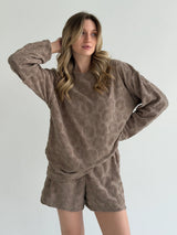 Long-sleeved suit and shorts, terry jacquard, flower, brown