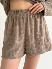 Long-sleeved suit and shorts, terry jacquard, flower, brown