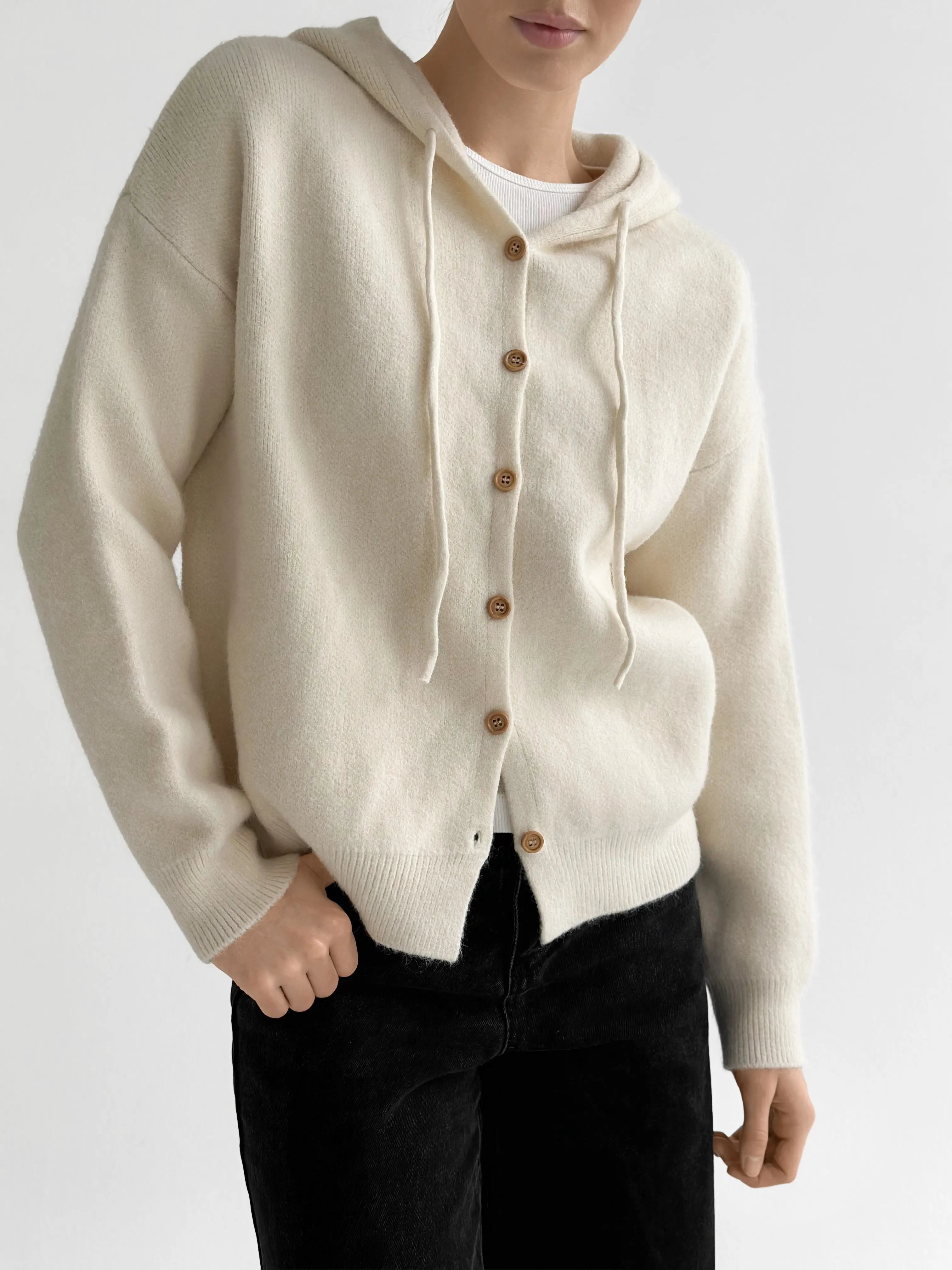 Hooded cardigan with brown buttons, milky