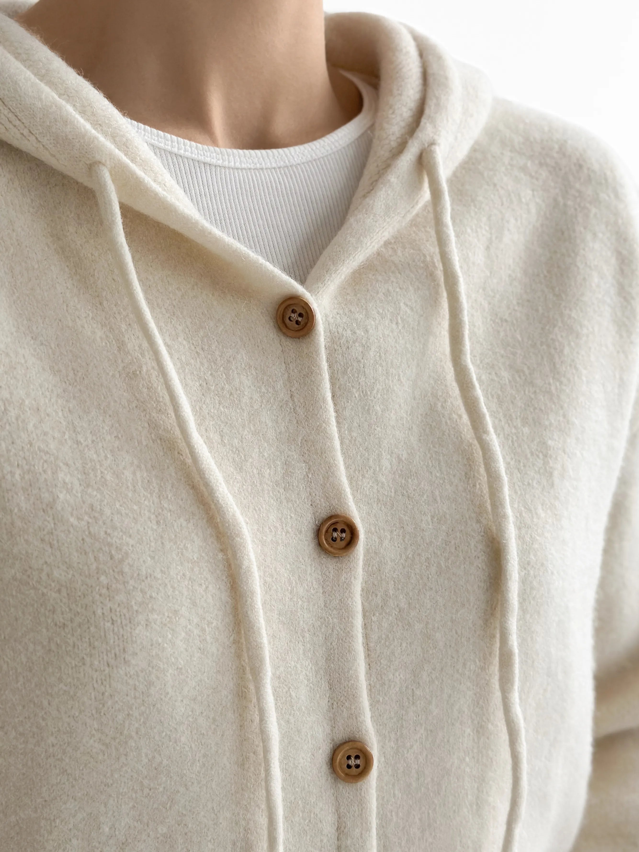 Hooded cardigan with brown buttons, milky
