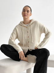 Hooded cardigan with brown buttons, milky