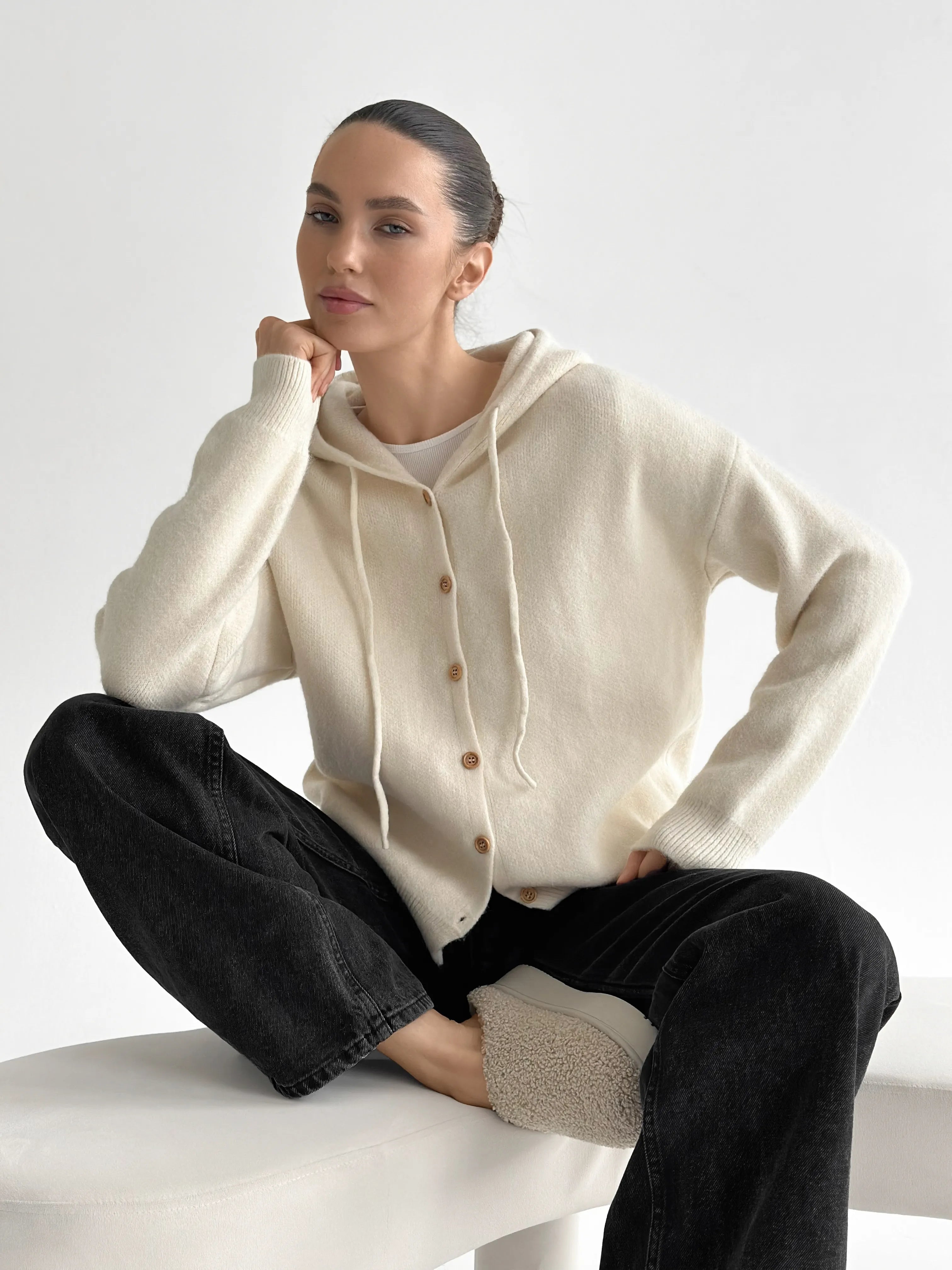 Hooded cardigan with brown buttons, milky