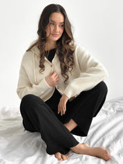 Hooded cardigan with brown buttons, milky