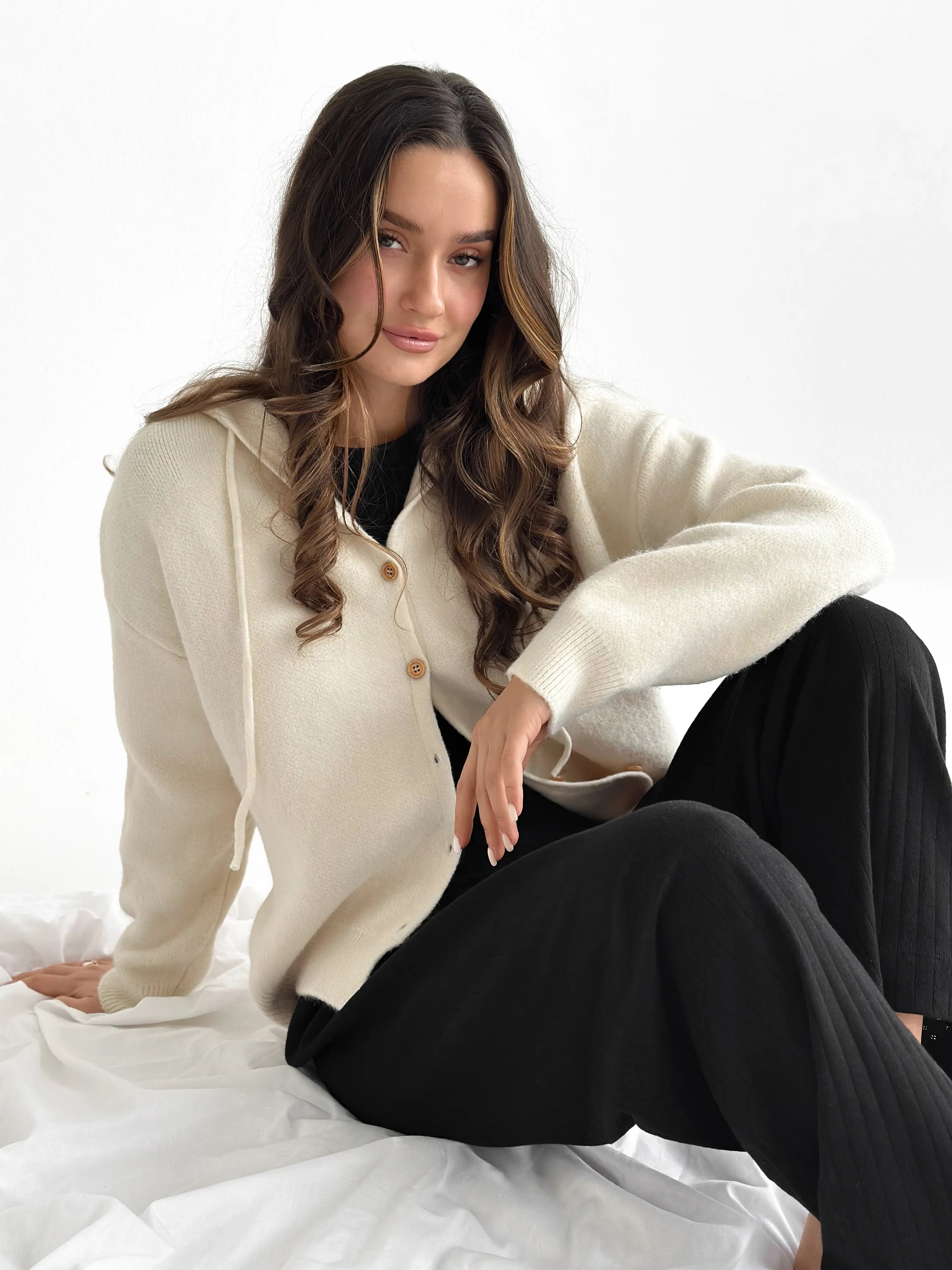 Hooded cardigan with brown buttons, milky