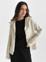 Hooded cardigan with brown buttons, milky