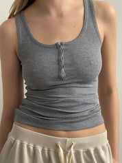 Basic ribbed T-shirt with buttons, dark gray