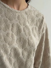 Long-sleeved suit and shorts, terry jacquard flower, beige