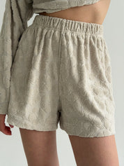 Long-sleeved suit and shorts, terry jacquard flower, beige