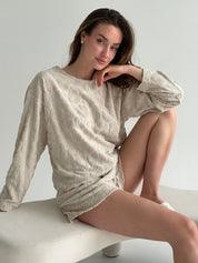 Long-sleeved suit and shorts, terry jacquard flower, beige