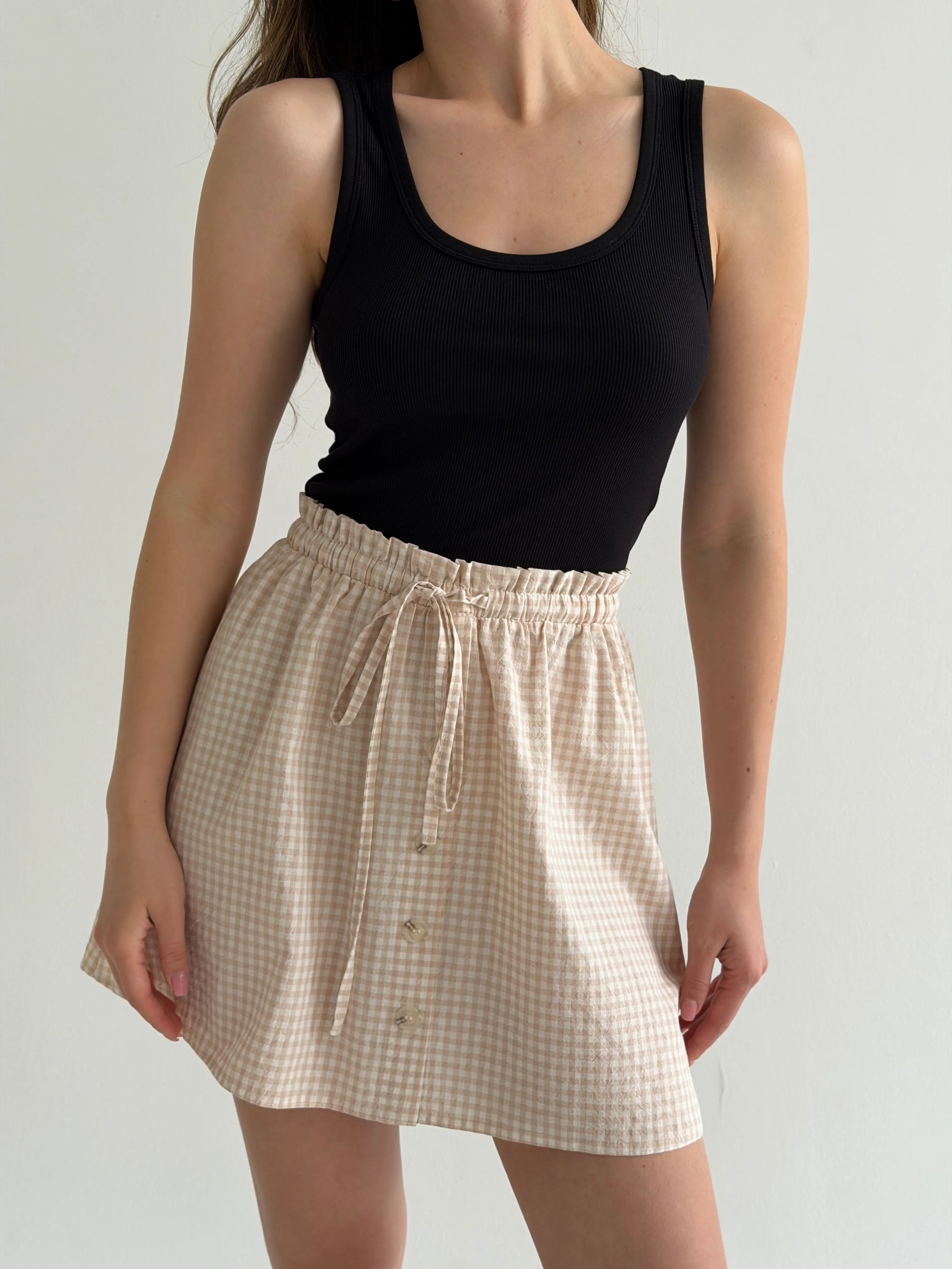 Check cotton skirt with drawstring beige/milk