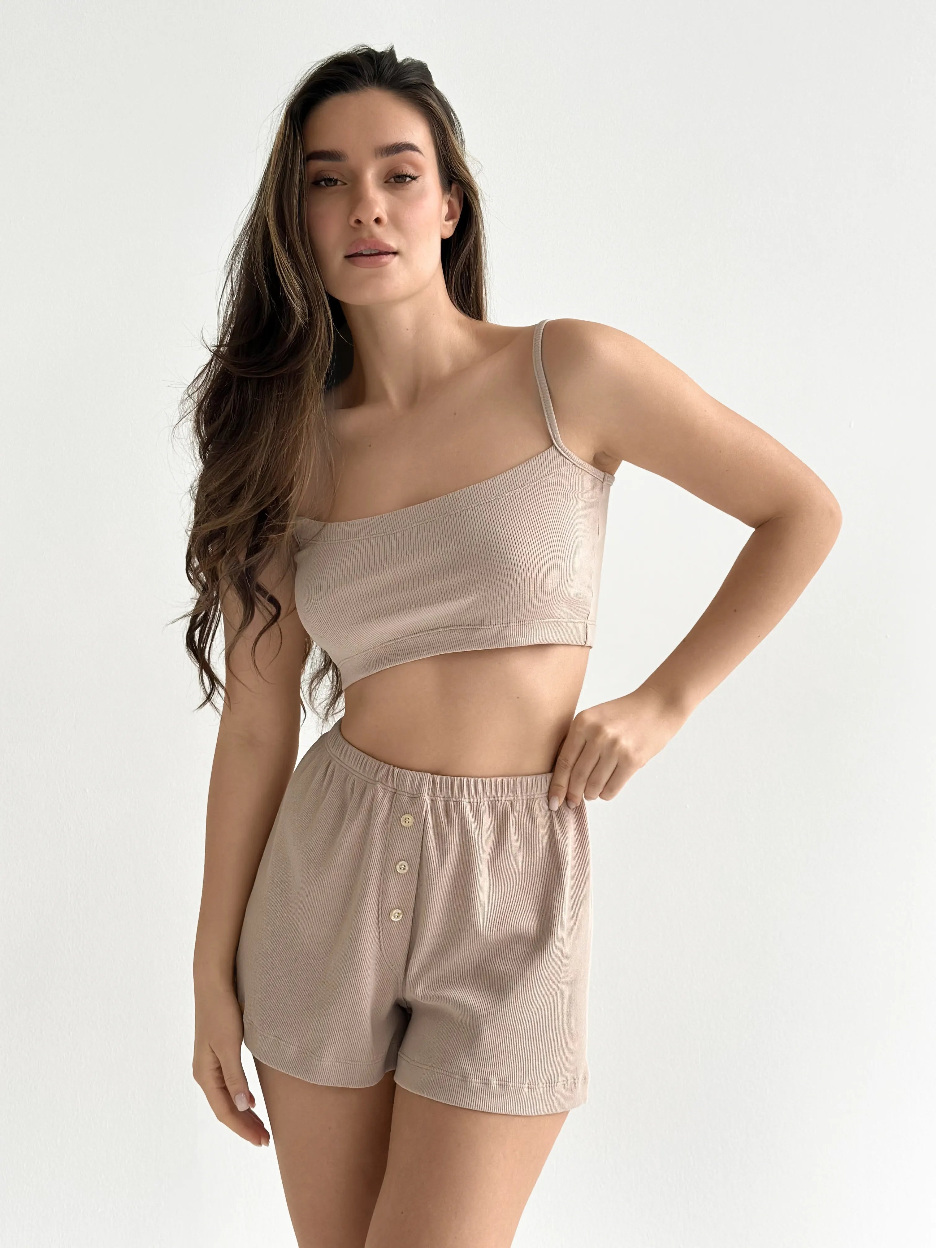 Rib knit shorts  beige